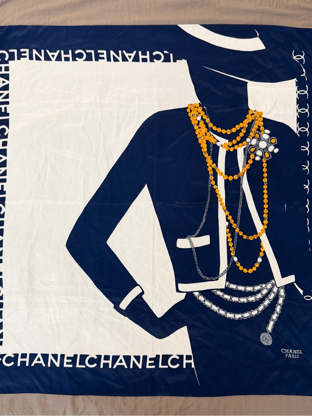CHANEL Navy, White & Gold Graphic Silk Scarf